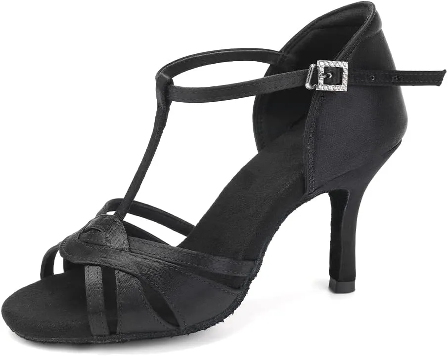 Women's T Strap Latin Dance Shoes Silk Satin Ballroom Salsa Dance Heels