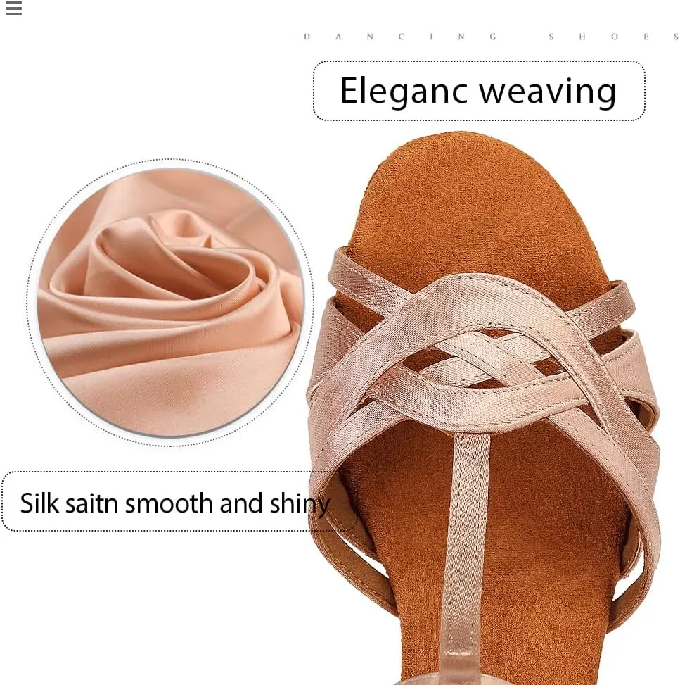 Women's T Strap Latin Dance Shoes Silk Satin Ballroom Salsa Dance Heels