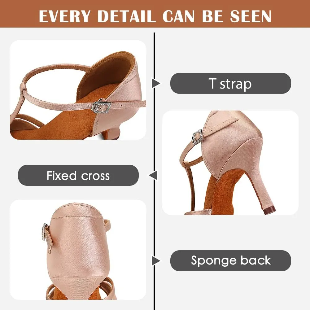 Women's T Strap Latin Dance Shoes Silk Satin Ballroom Salsa Dance Heels
