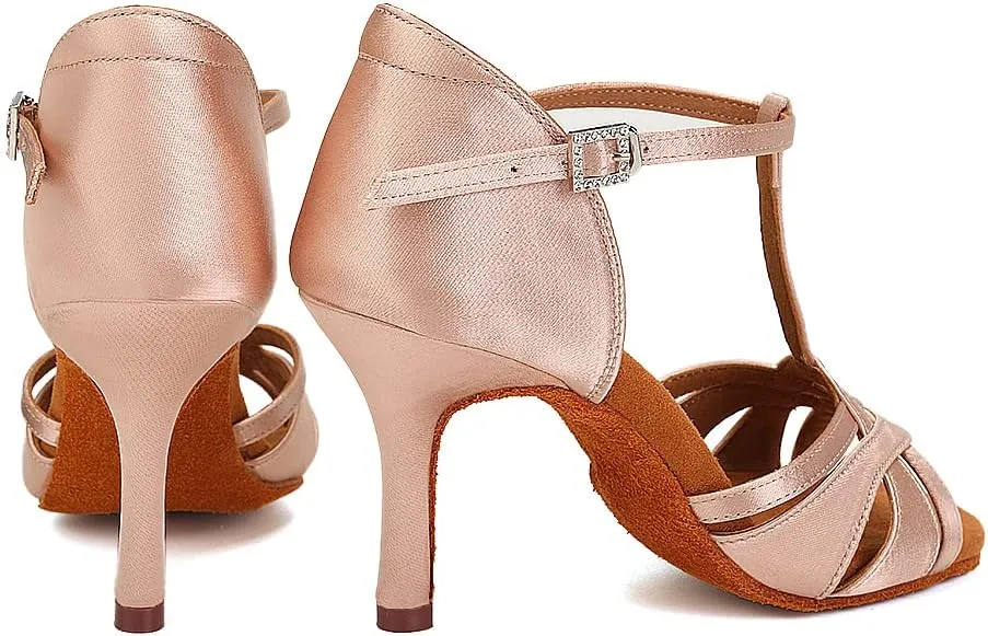 Women's T Strap Latin Dance Shoes Silk Satin Ballroom Salsa Dance Heels