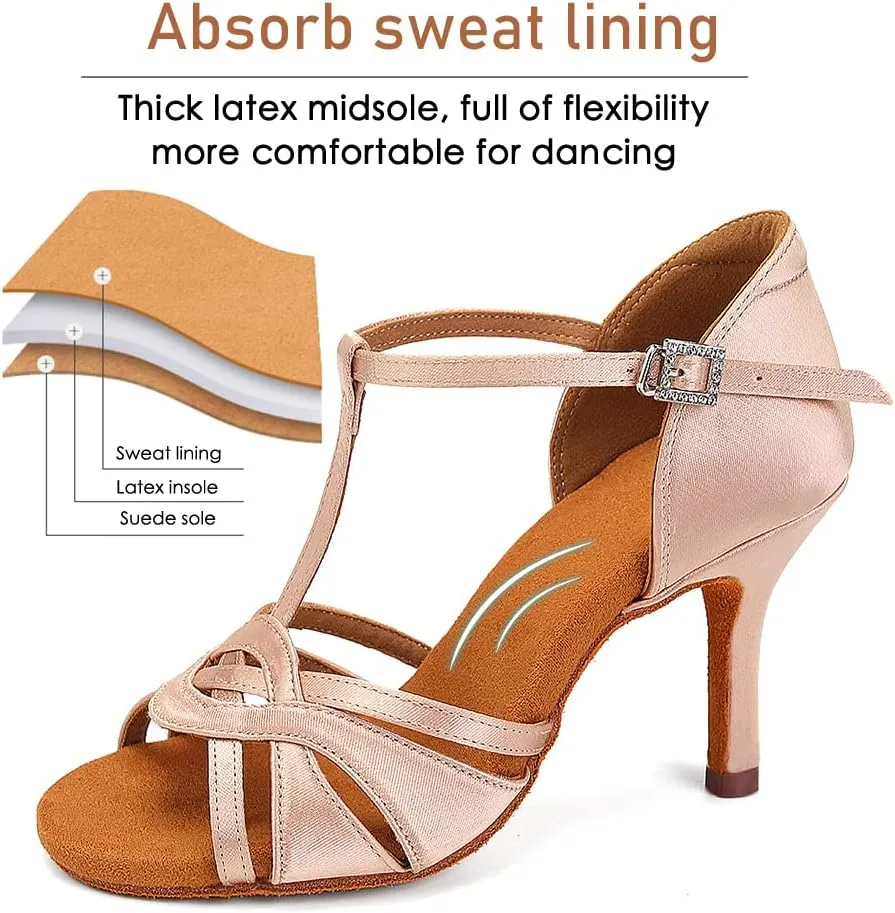 Women's T Strap Latin Dance Shoes Silk Satin Ballroom Salsa Dance Heels