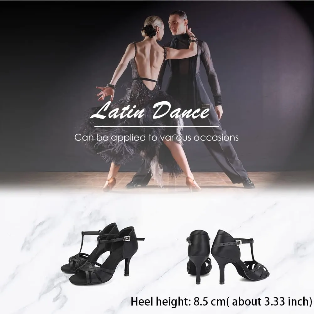 Women's T Strap Latin Dance Shoes Silk Satin Ballroom Salsa Dance Heels