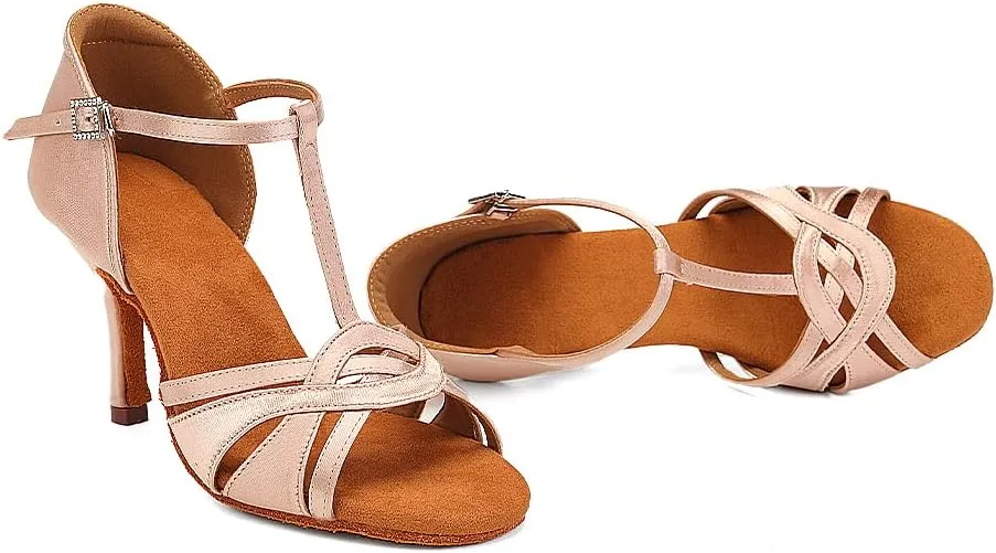 Women's T Strap Latin Dance Shoes Silk Satin Ballroom Salsa Dance Heels