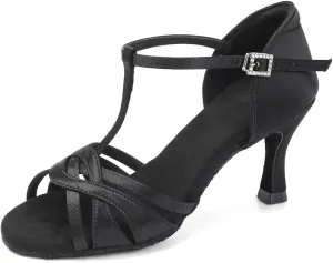 Women's T Strap Latin Dance Shoes Silk Satin Ballroom Salsa Dance Heels