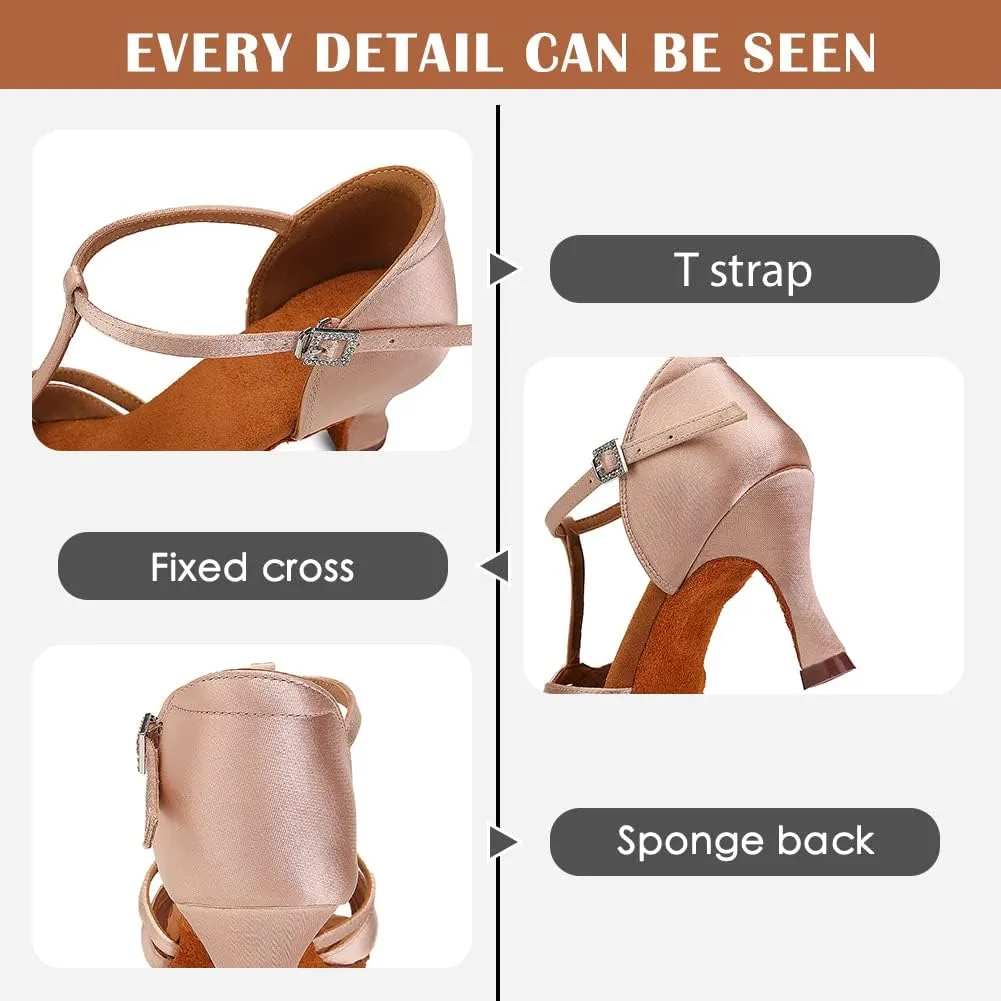 Women's T Strap Latin Dance Shoes Silk Satin Ballroom Salsa Dance Heels