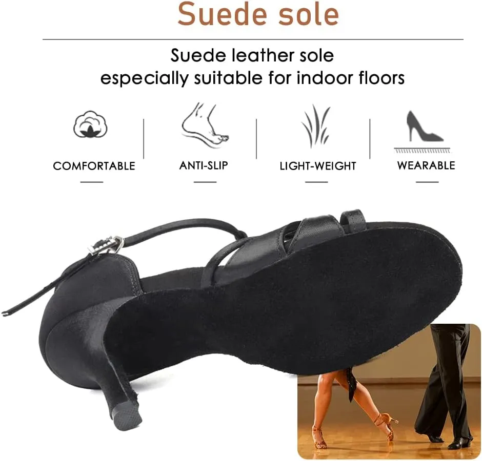 Women's T Strap Latin Dance Shoes Silk Satin Ballroom Salsa Dance Heels