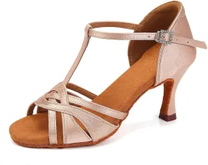 Women's T Strap Latin Dance Shoes Silk Satin Ballroom Salsa Dance Heels