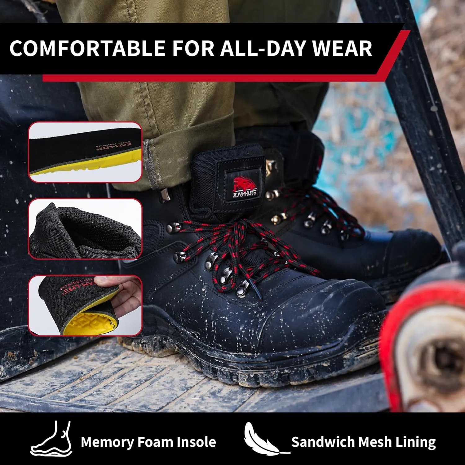 Work Boots for Men, Steel Toe Waterproof Safety Boots, Comfortable Non-Slip Puncture Resistant Durable Leather Heavy Duty Construction Industrial