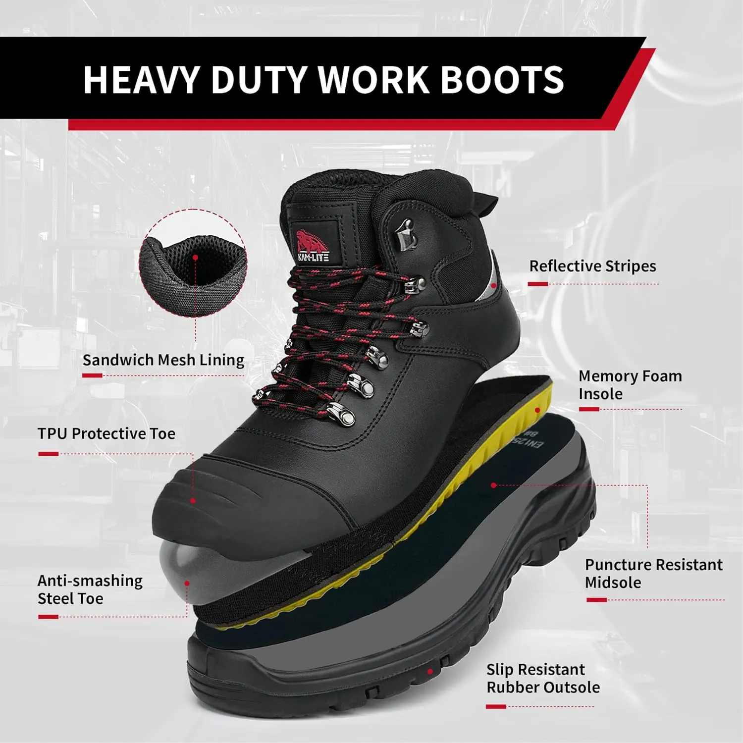 Work Boots for Men, Steel Toe Waterproof Safety Boots, Comfortable Non-Slip Puncture Resistant Durable Leather Heavy Duty Construction Industrial