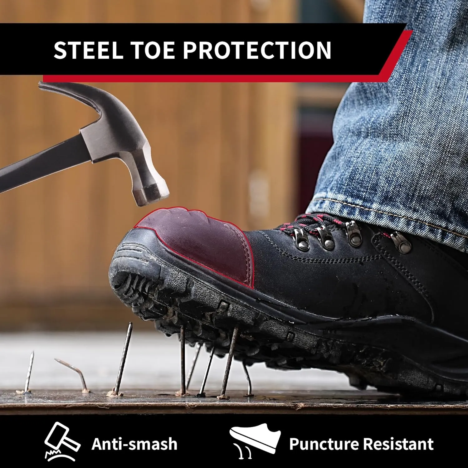 Work Boots for Men, Steel Toe Waterproof Safety Boots, Comfortable Non-Slip Puncture Resistant Durable Leather Heavy Duty Construction Industrial