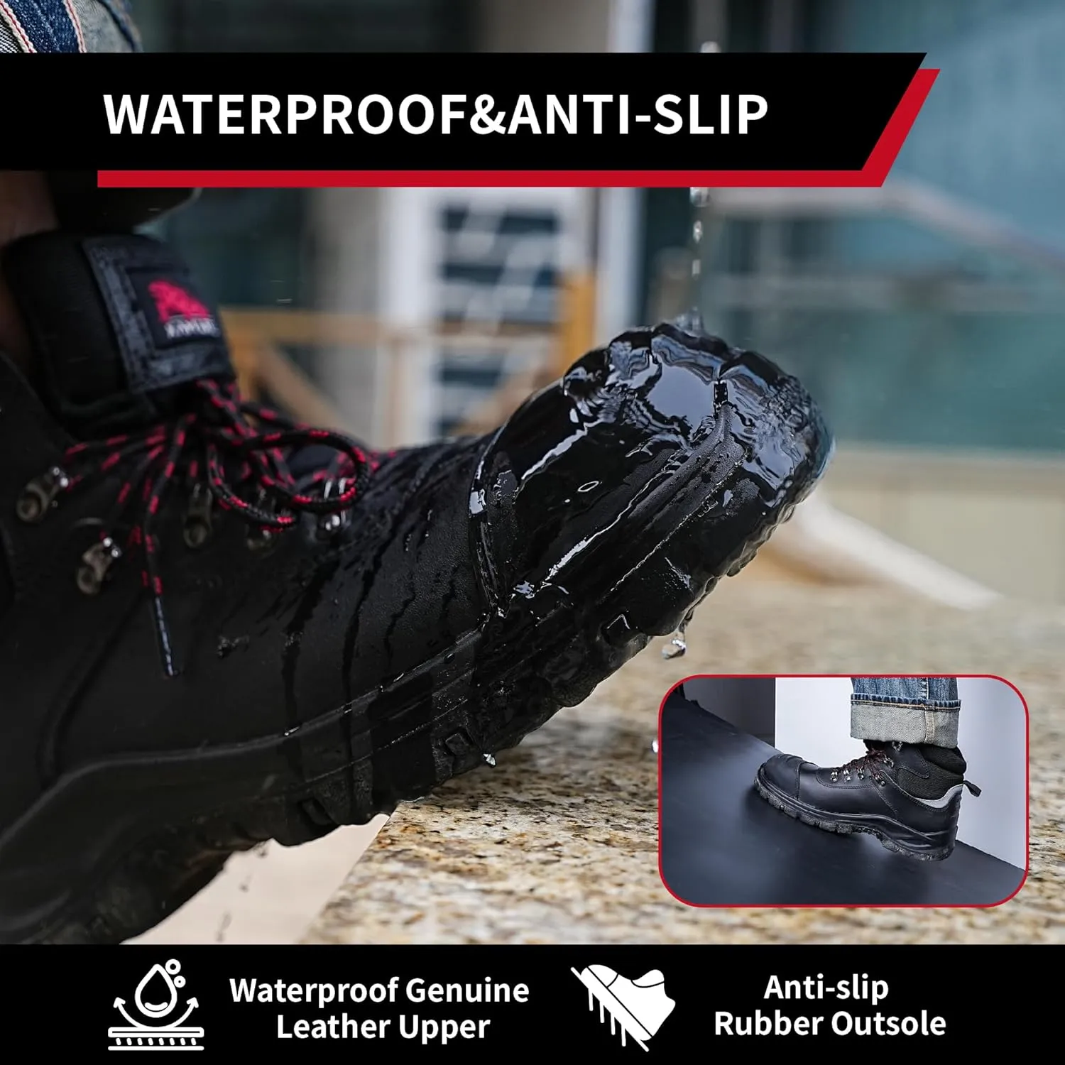 Work Boots for Men, Steel Toe Waterproof Safety Boots, Comfortable Non-Slip Puncture Resistant Durable Leather Heavy Duty Construction Industrial