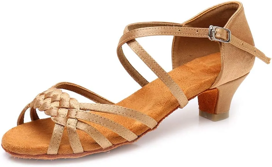 YKXLM Girls Latin Dance Shoes Kids Low Heels Tango Salsa Ballroom Practice Dance Shoes, 1208,Beige,13 M Little Kid