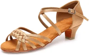 YKXLM Girls Latin Dance Shoes Kids Low Heels Tango Salsa Ballroom Practice Dance Shoes, 1208,Beige,13 M Little Kid