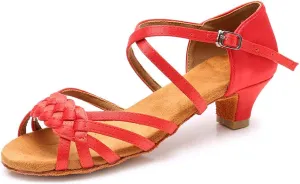 YKXLM Girls Latin Dance Shoes Kids Low Heels Tango Salsa Ballroom Practice Dance Shoes, 1208,Red,1.5 M Little Kid