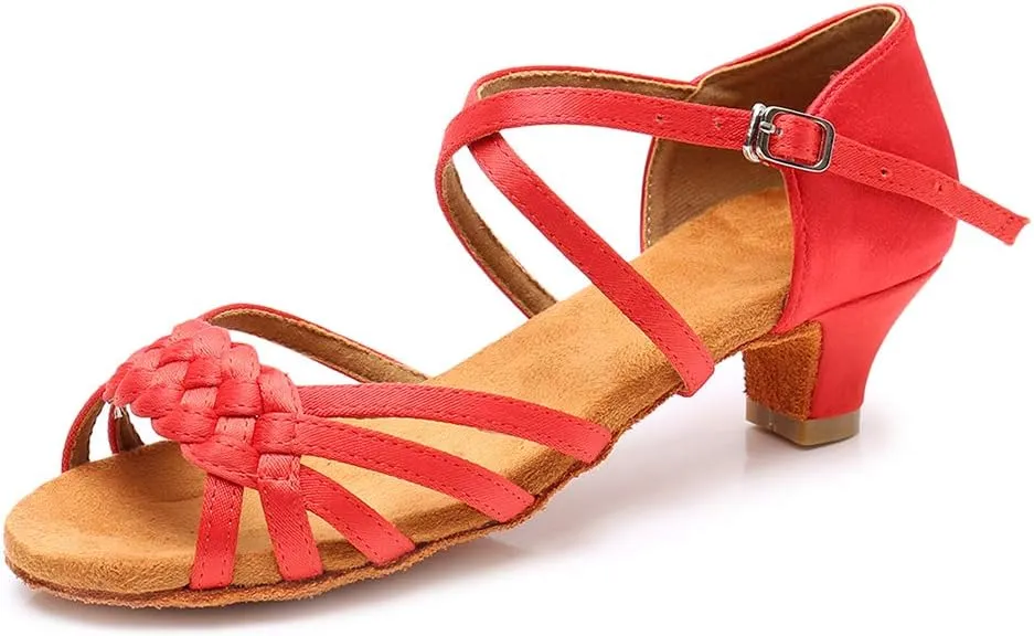 YKXLM Girls Latin Dance Shoes Kids Low Heels Tango Salsa Ballroom Practice Dance Shoes, 1208,Red,1.5 M Little Kid